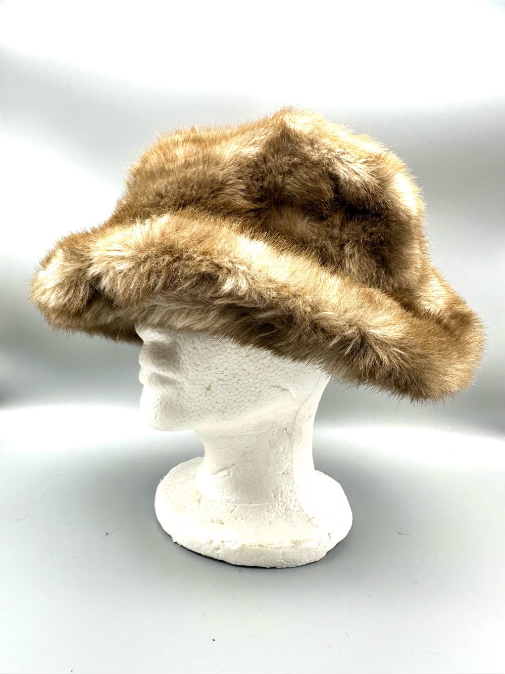 Vintage Style Faux Fur Bucket Hat Brown Plush Winter Cloche Pink Satin Lining